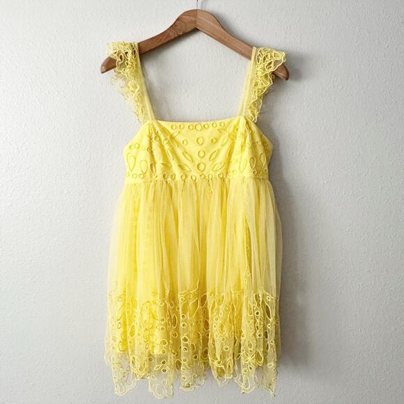 Anthro X Let Me Be Yellow Eyelet Tulle Mini Dress women’s size medium NEW - Picture 2 of 12